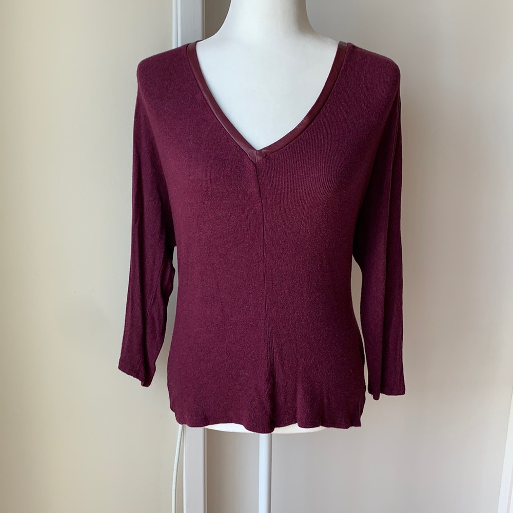 Burgundy Bordeaux Sweater with Bat Wings & Leather Vneck Detail S Anthro…